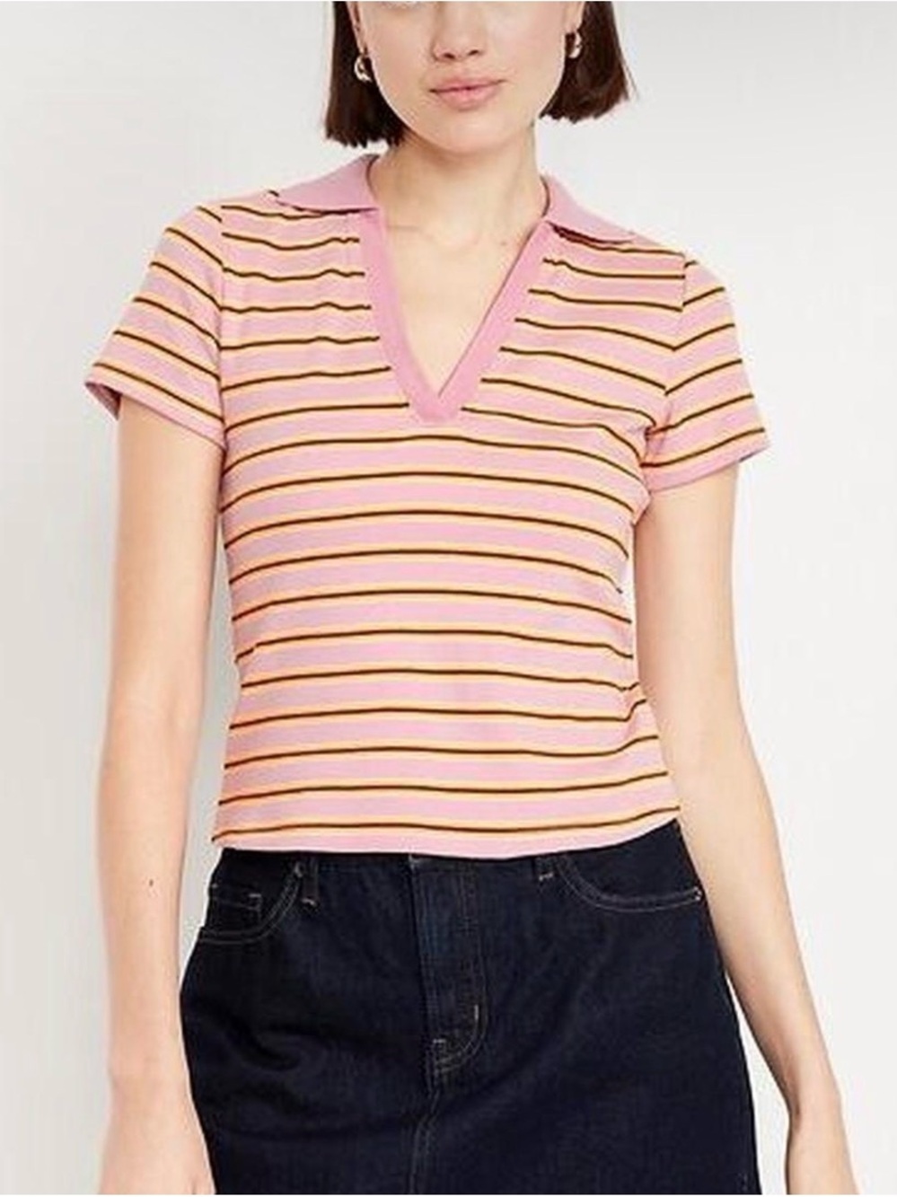 Old Navy Pink Striped V-Neck Polo Tee with Yellow & Maroon Accents